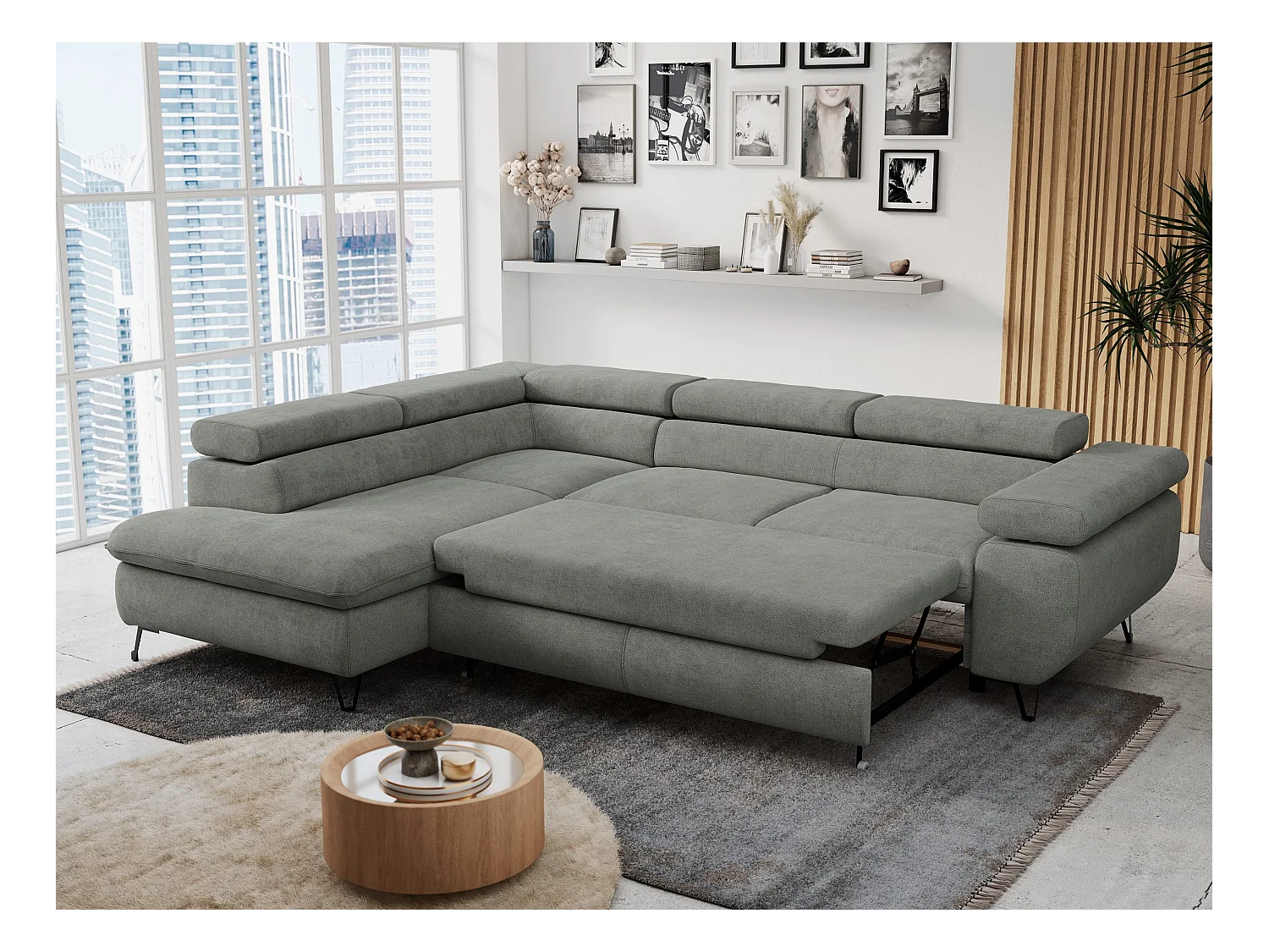 Ecksofa PETER verstellbare Kopfstütze, schlaffunktion - Grau Stukture - Ecke Links