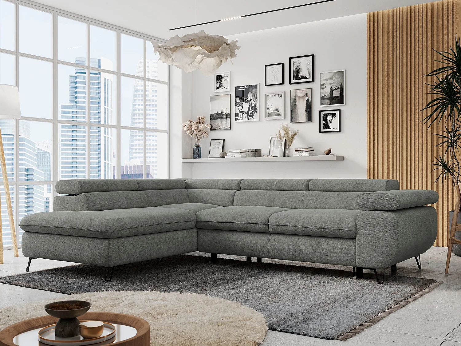 Ecksofa PETER verstellbare Kopfstütze, schlaffunktion - Grau Stukture - Ecke Links