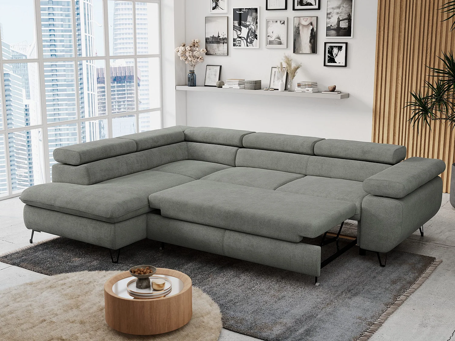 Ecksofa PETER verstellbare Kopfstütze, schlaffunktion - Grau Stukture - Ecke Links