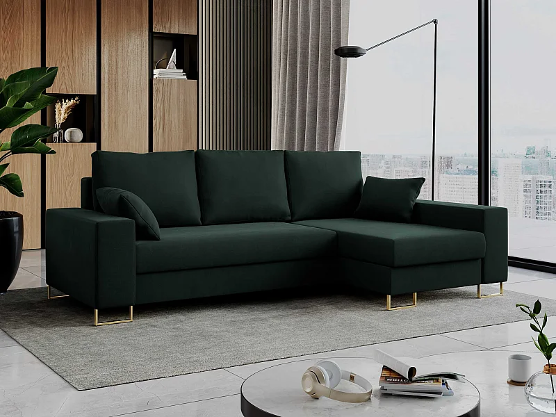 Ecksofa DORIAN - schlaffunktion und Bettkasten, lose Kissen - Grün Velvet