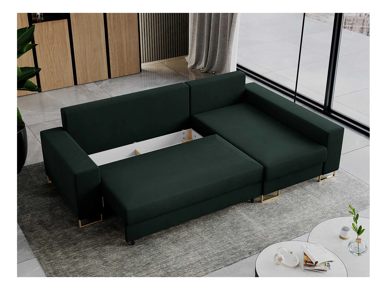 Ecksofa DORIAN - schlaffunktion und Bettkasten, lose Kissen - Grün Velvet