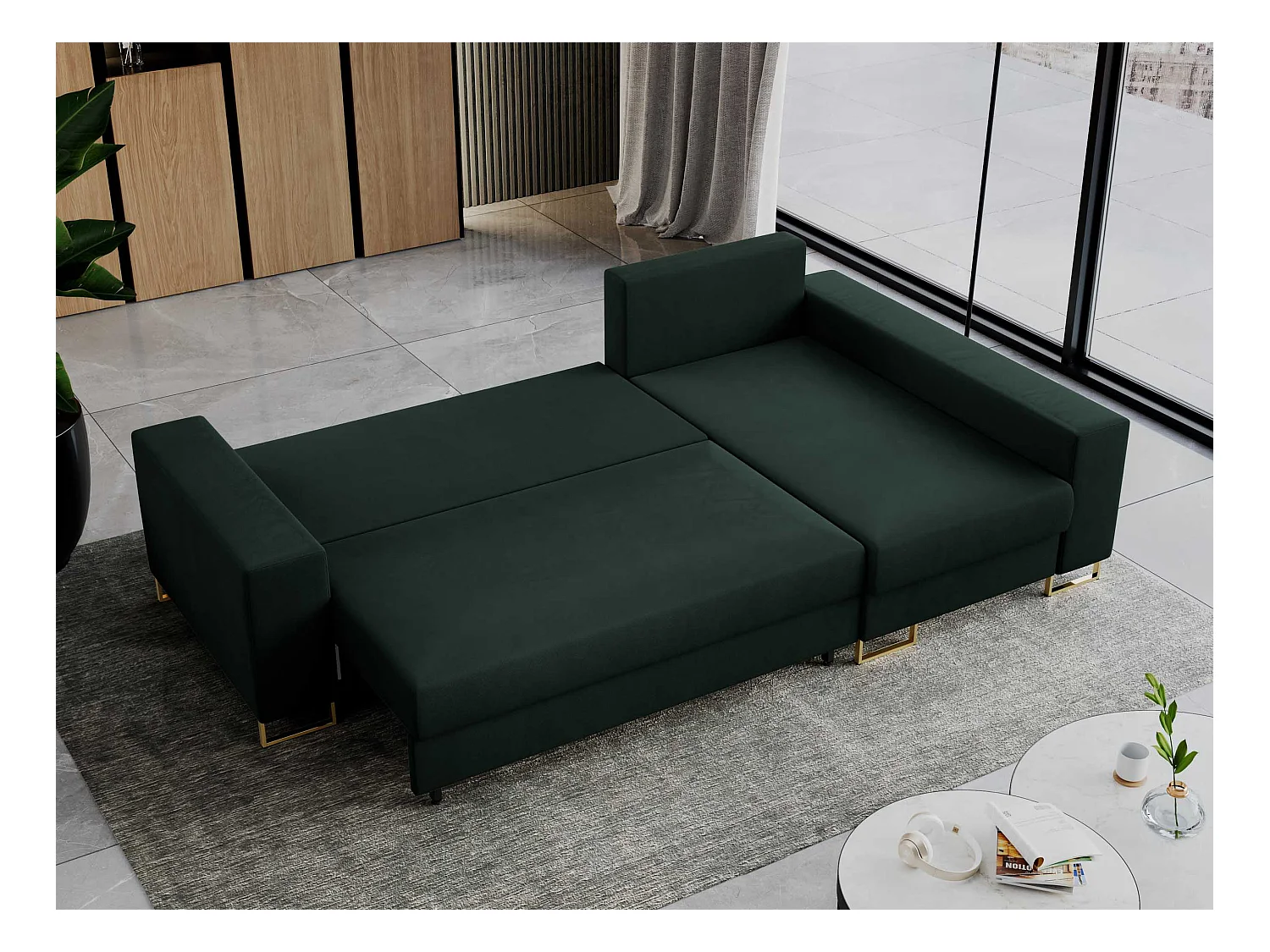 Ecksofa DORIAN - schlaffunktion und Bettkasten, lose Kissen - Grün Velvet