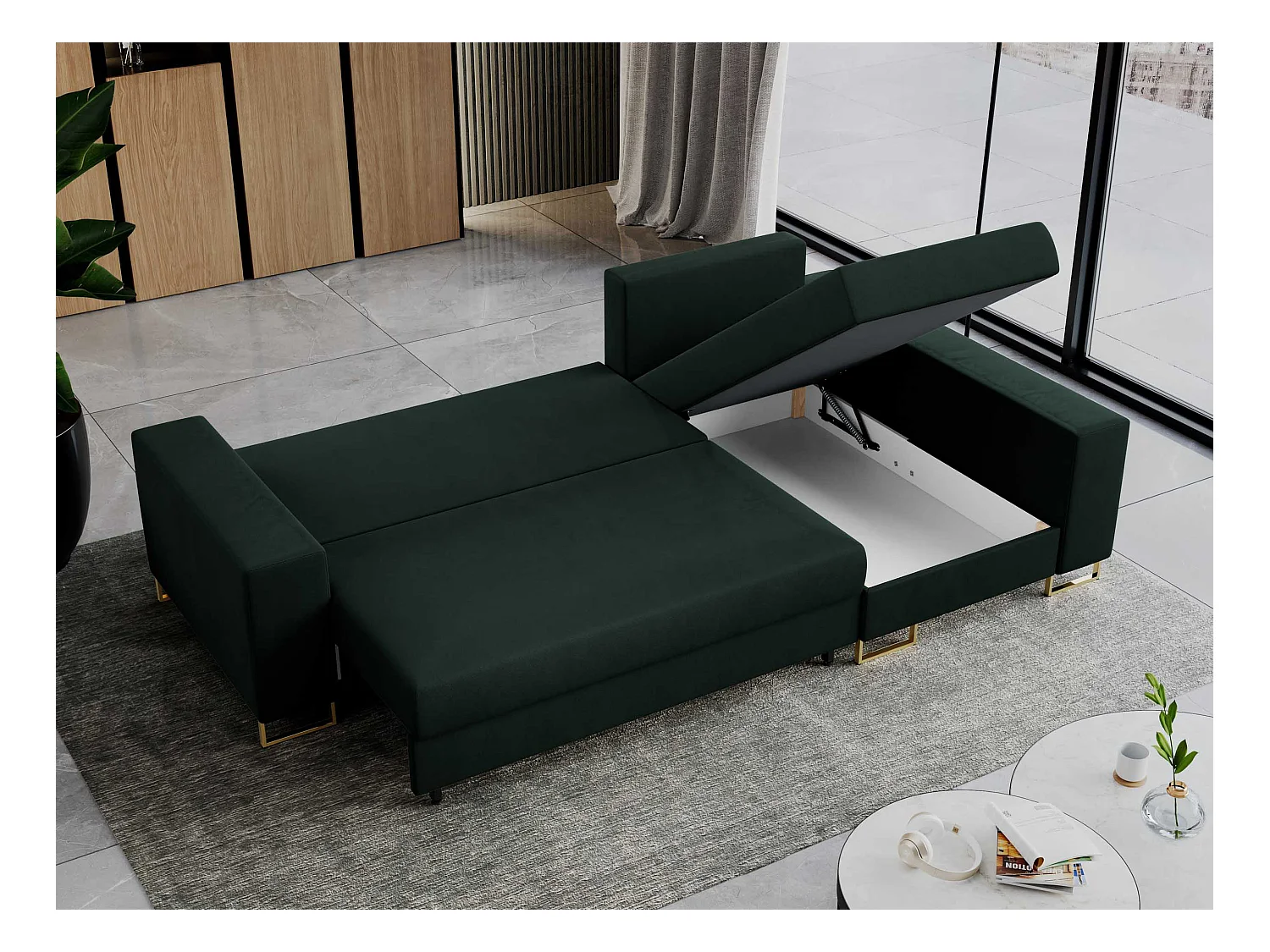 Ecksofa DORIAN - schlaffunktion und Bettkasten, lose Kissen - Grün Velvet