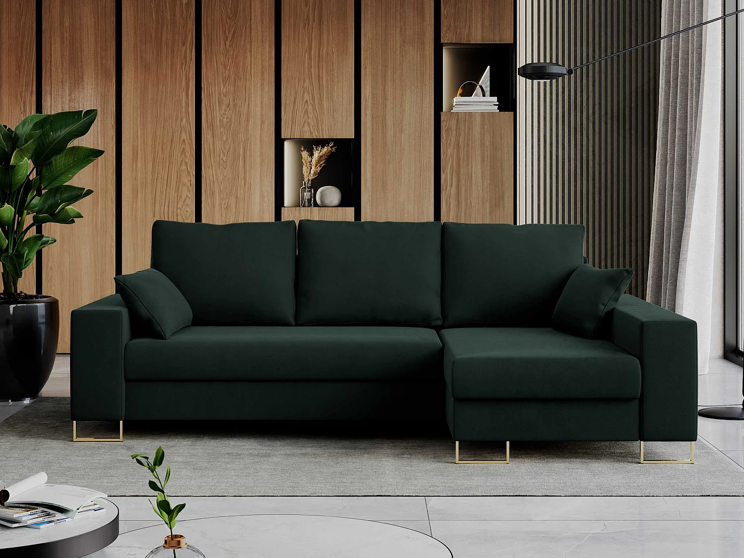 Ecksofa DORIAN - schlaffunktion und Bettkasten, lose Kissen - Grün Velvet