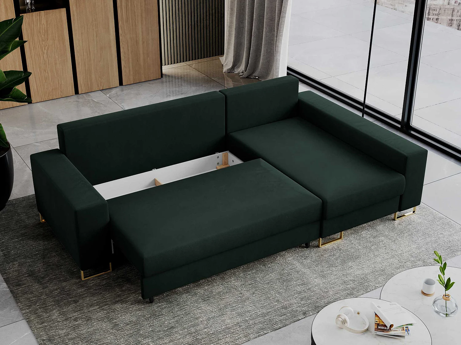 Ecksofa DORIAN - schlaffunktion und Bettkasten, lose Kissen - Grün Velvet