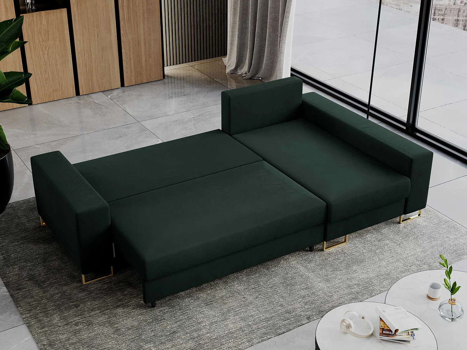 Ecksofa DORIAN - schlaffunktion und Bettkasten, lose Kissen - Grün Velvet