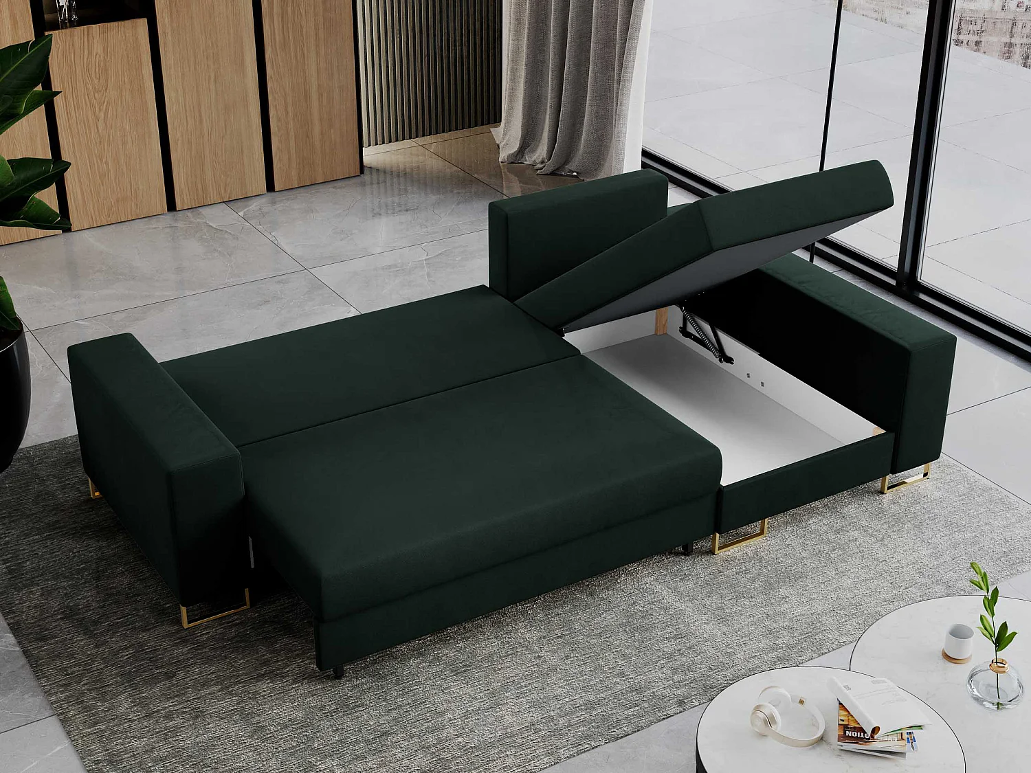 Ecksofa DORIAN - schlaffunktion und Bettkasten, lose Kissen - Grün Velvet