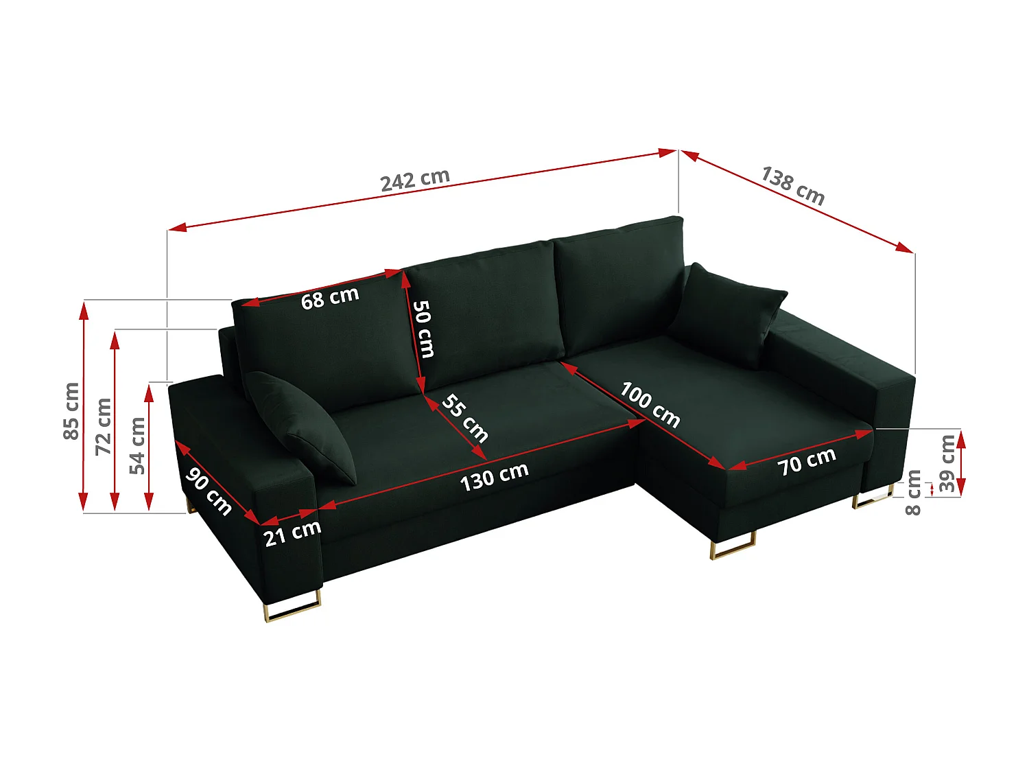 Ecksofa DORIAN - schlaffunktion und Bettkasten, lose Kissen - Grün Velvet