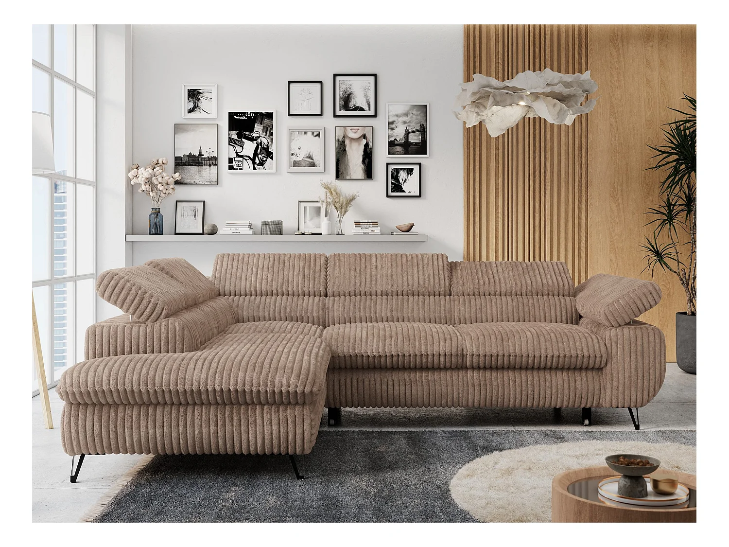 Ecksofa PETER verstellbare Kopfstütze, schlaffunktion - Braun Cord - Ecke Links