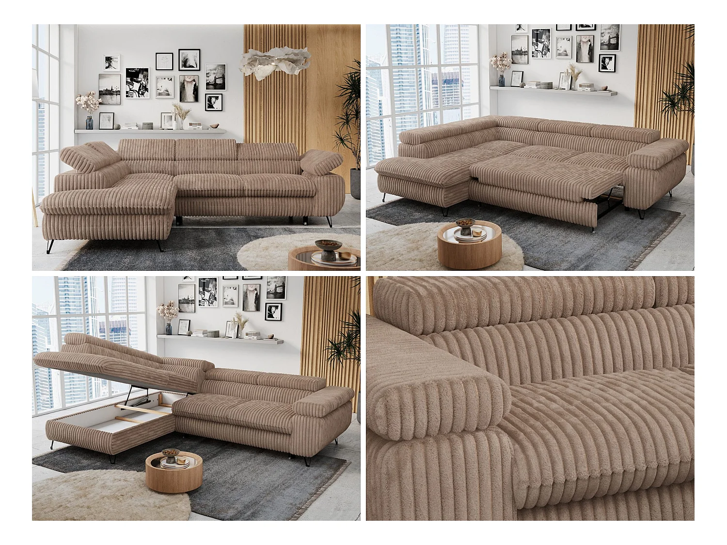 Ecksofa PETER verstellbare Kopfstütze, schlaffunktion - Braun Cord - Ecke Links