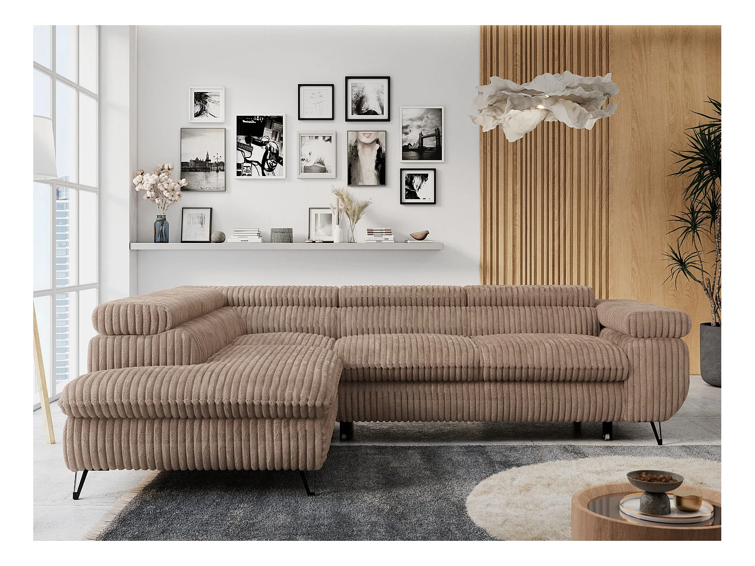 Ecksofa PETER verstellbare Kopfstütze, schlaffunktion - Braun Cord - Ecke Links