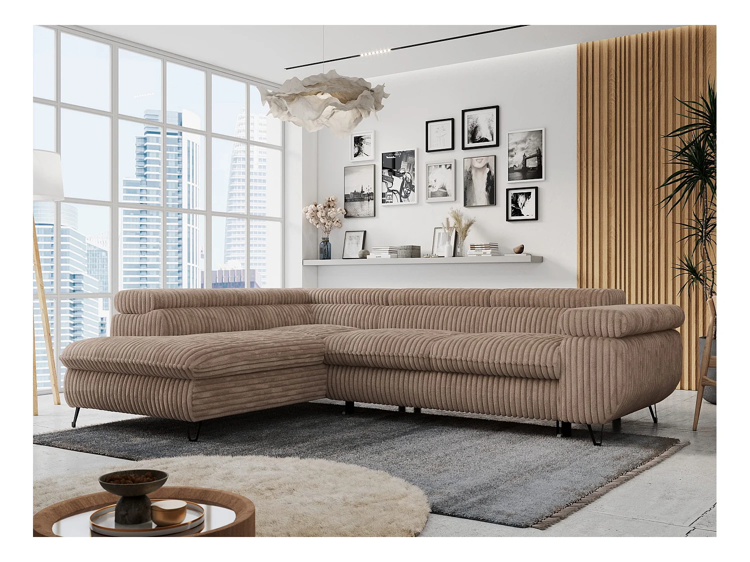 Ecksofa PETER verstellbare Kopfstütze, schlaffunktion - Braun Cord - Ecke Links