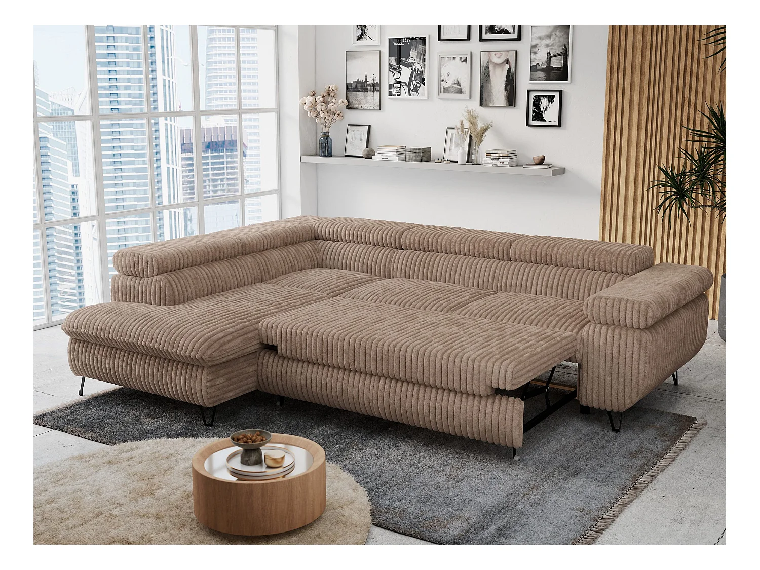 Ecksofa PETER verstellbare Kopfstütze, schlaffunktion - Braun Cord - Ecke Links