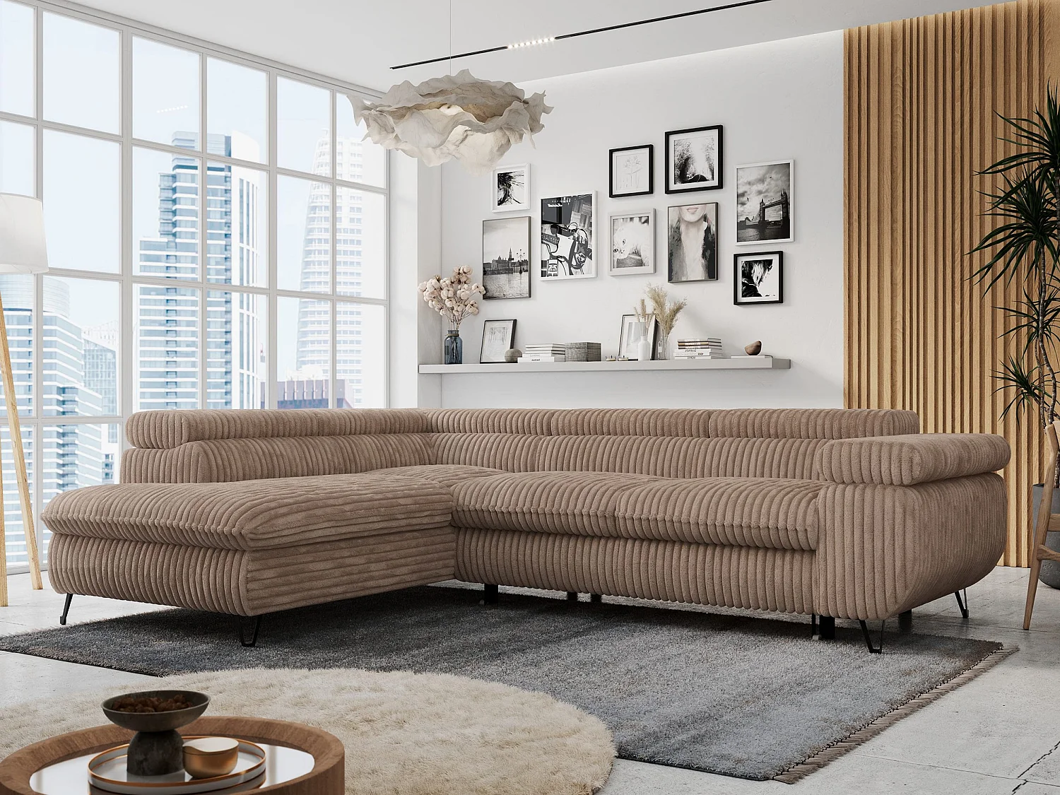 Ecksofa PETER verstellbare Kopfstütze, schlaffunktion - Braun Cord - Ecke Links