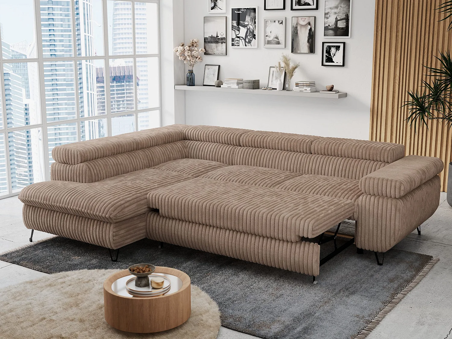 Ecksofa PETER verstellbare Kopfstütze, schlaffunktion - Braun Cord - Ecke Links