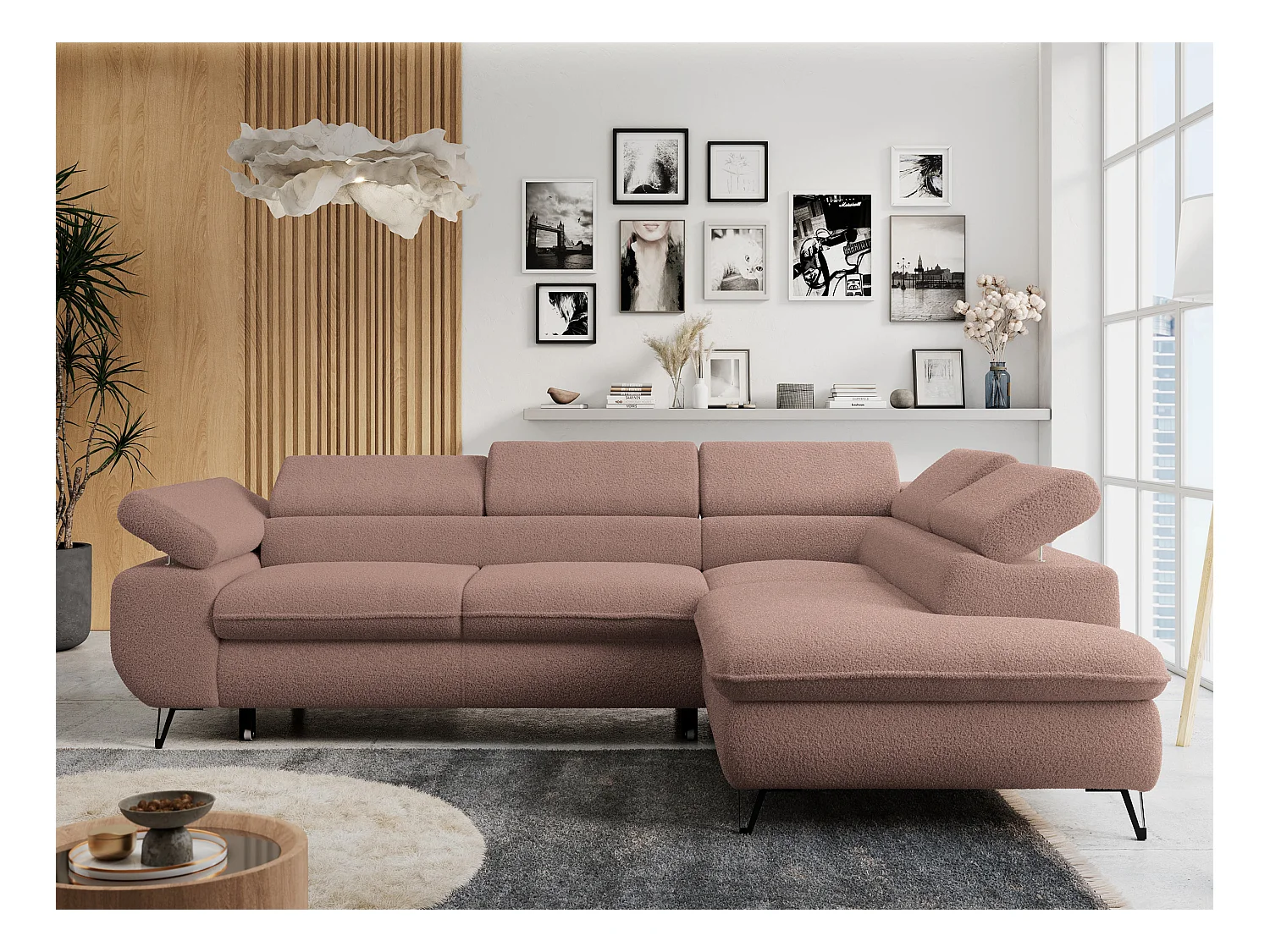 Ecksofa PETER verstellbare Kopfstütze, schlaffunktion - Rosa Boucle - Ecke Rechts