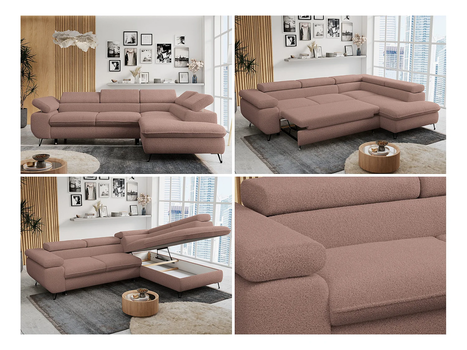 Ecksofa PETER verstellbare Kopfstütze, schlaffunktion - Rosa Boucle - Ecke Rechts