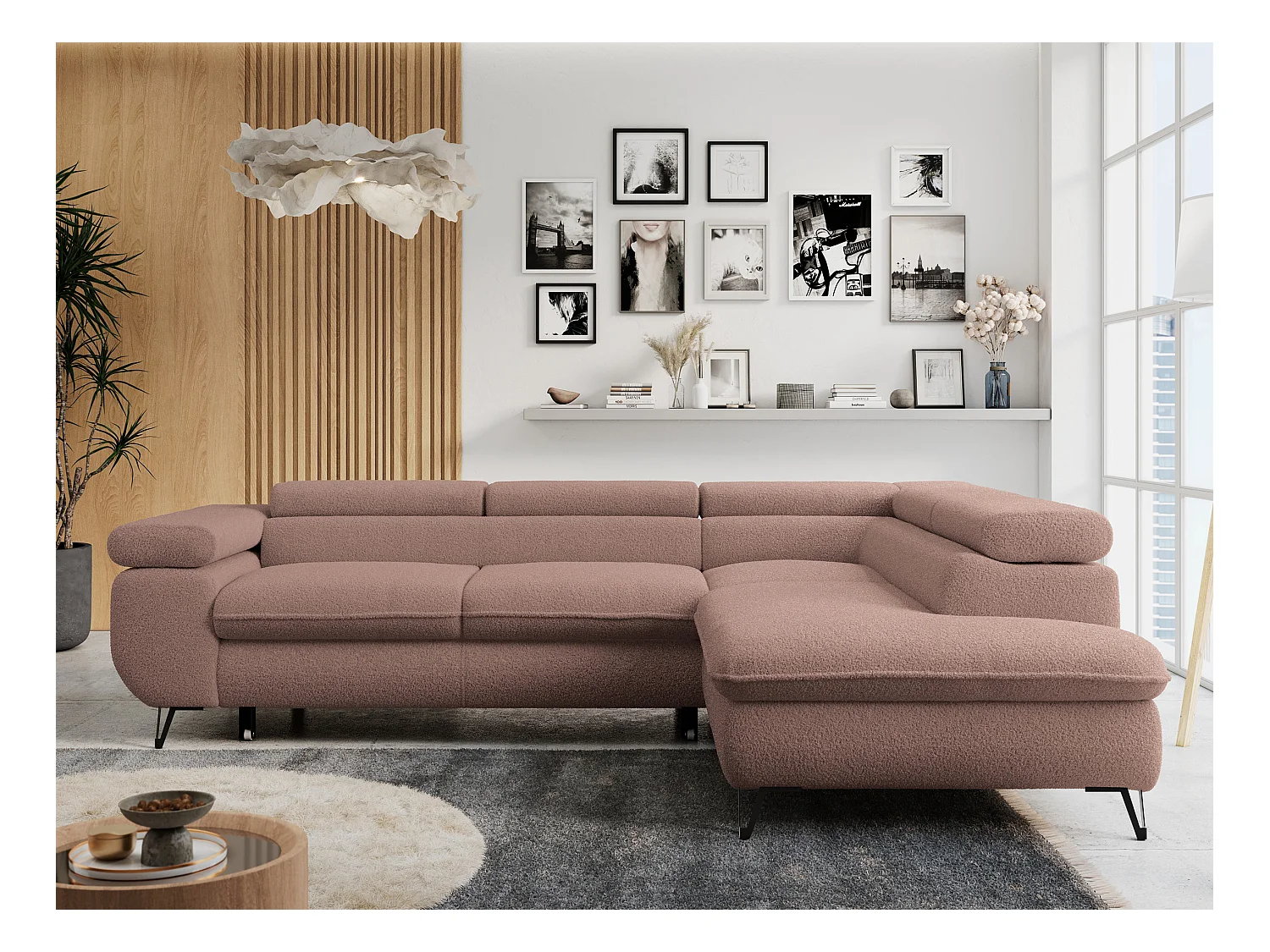 Ecksofa PETER verstellbare Kopfstütze, schlaffunktion - Rosa Boucle - Ecke Rechts