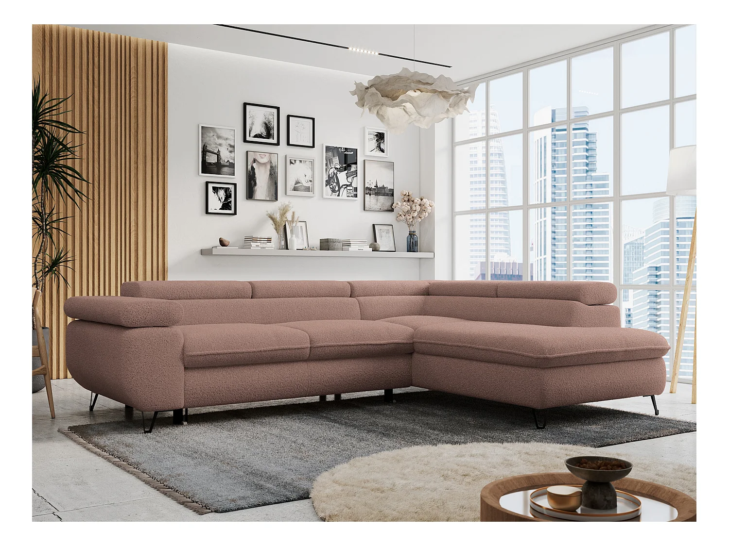 Ecksofa PETER verstellbare Kopfstütze, schlaffunktion - Rosa Boucle - Ecke Rechts