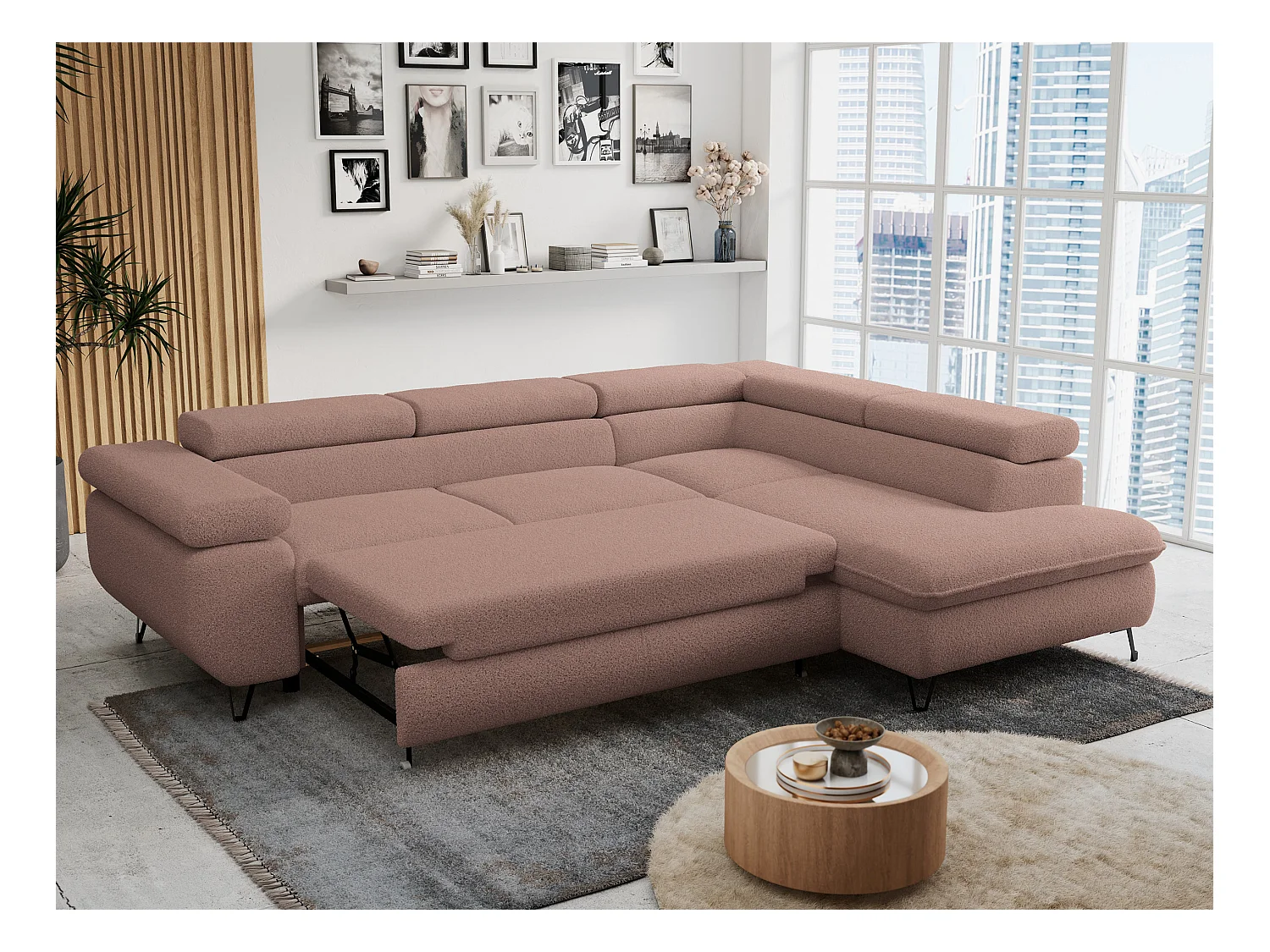 Ecksofa PETER verstellbare Kopfstütze, schlaffunktion - Rosa Boucle - Ecke Rechts