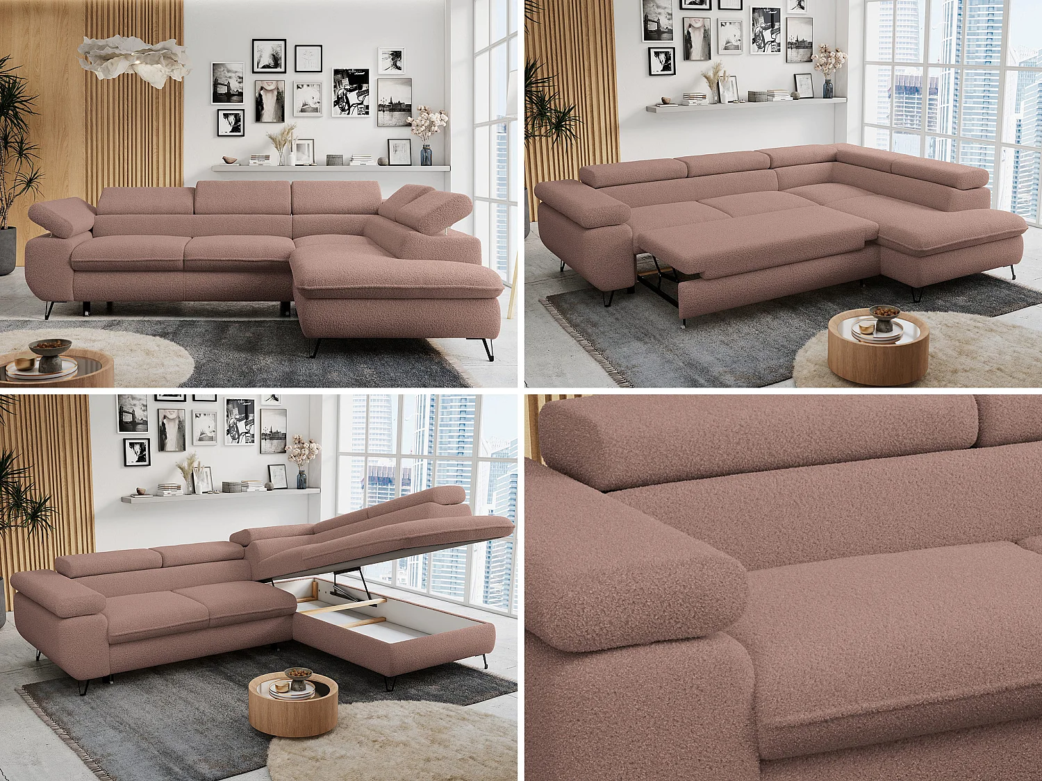 Ecksofa PETER verstellbare Kopfstütze, schlaffunktion - Rosa Boucle - Ecke Rechts