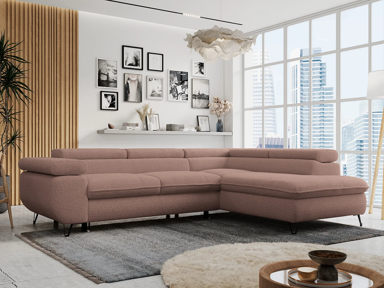 Ecksofa PETER verstellbare Kopfstütze, schlaffunktion - Rosa Boucle - Ecke Rechts