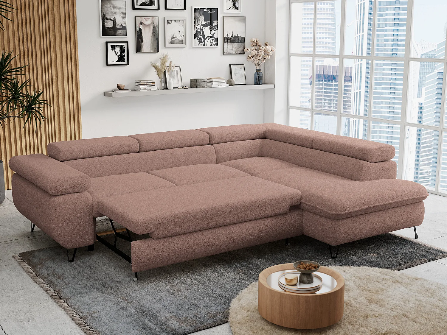 Ecksofa PETER verstellbare Kopfstütze, schlaffunktion - Rosa Boucle - Ecke Rechts