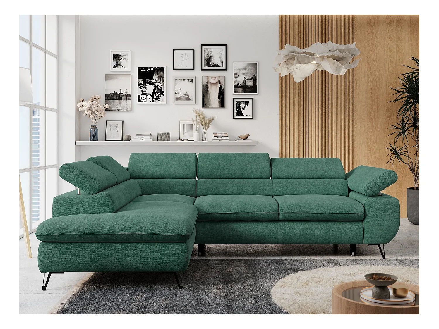 Ecksofa PETER verstellbare Kopfstütze, schlaffunktion - Grün Stukture - Ecke Links