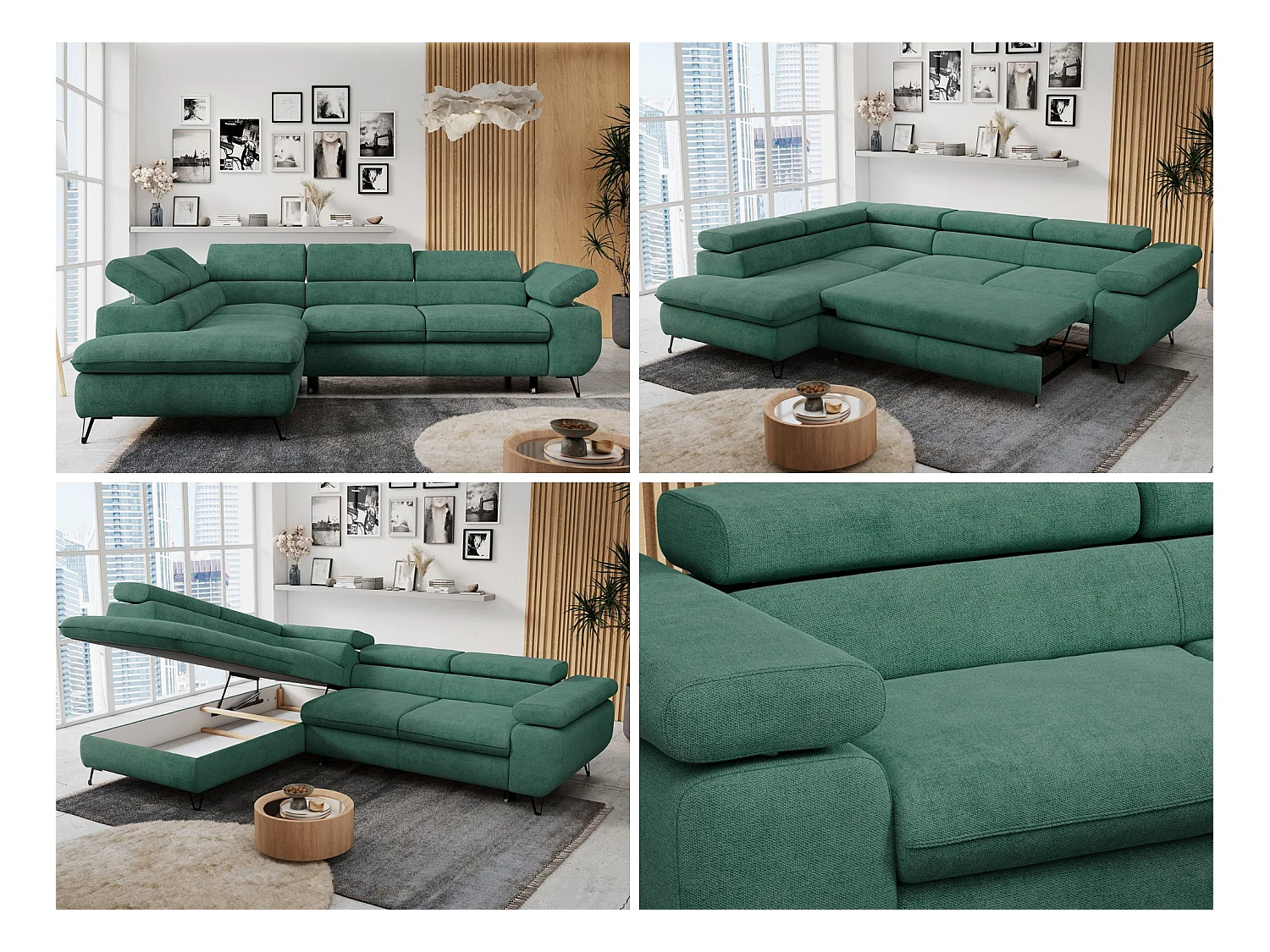 Ecksofa PETER verstellbare Kopfstütze, schlaffunktion - Grün Stukture - Ecke Links