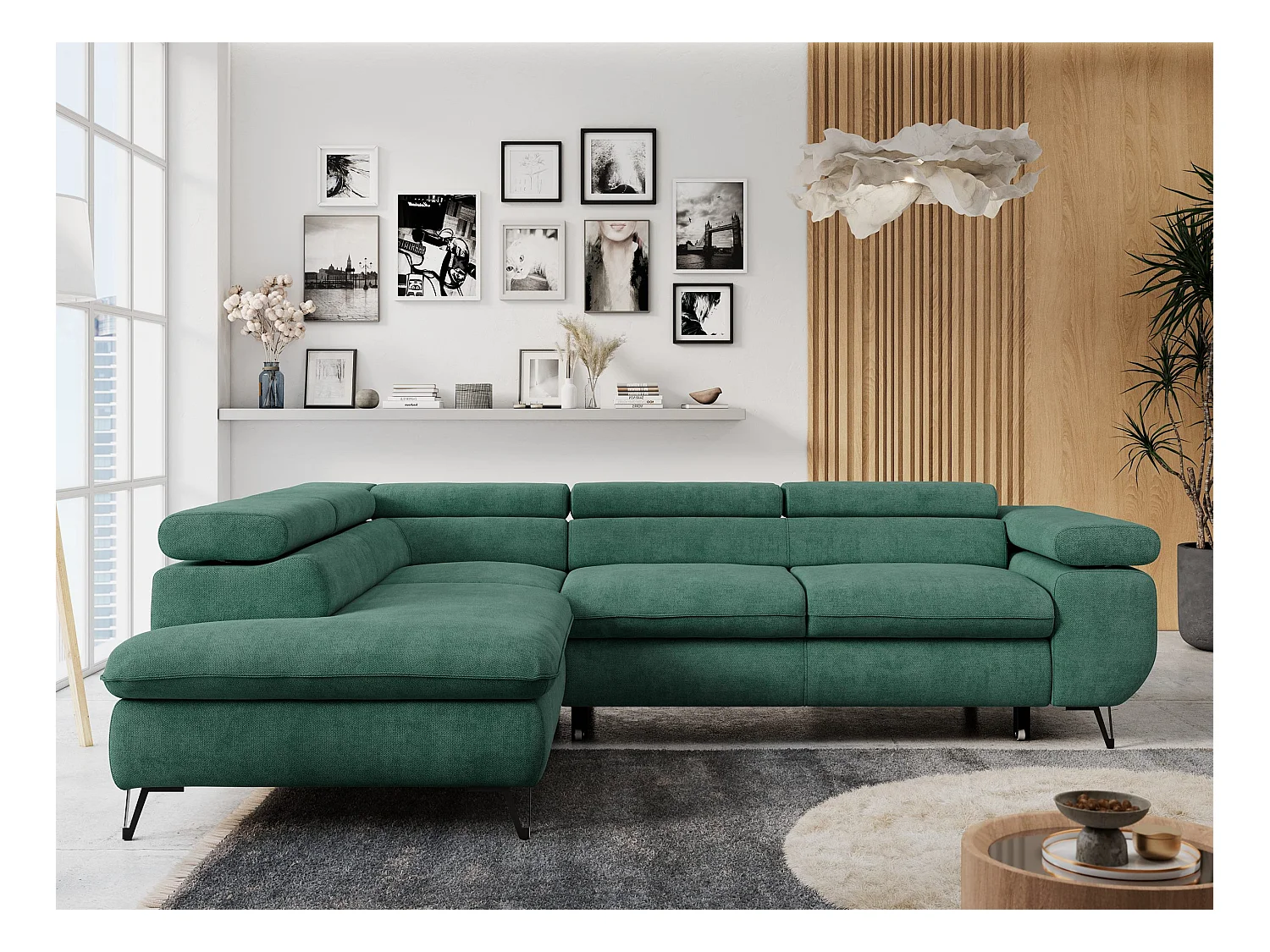 Ecksofa PETER verstellbare Kopfstütze, schlaffunktion - Grün Stukture - Ecke Links