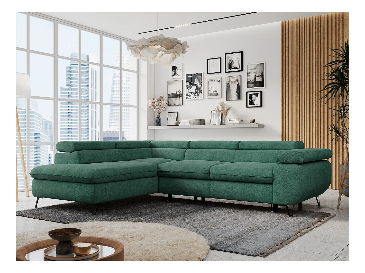 Ecksofa PETER verstellbare Kopfstütze, schlaffunktion - Grün Stukture - Ecke Links