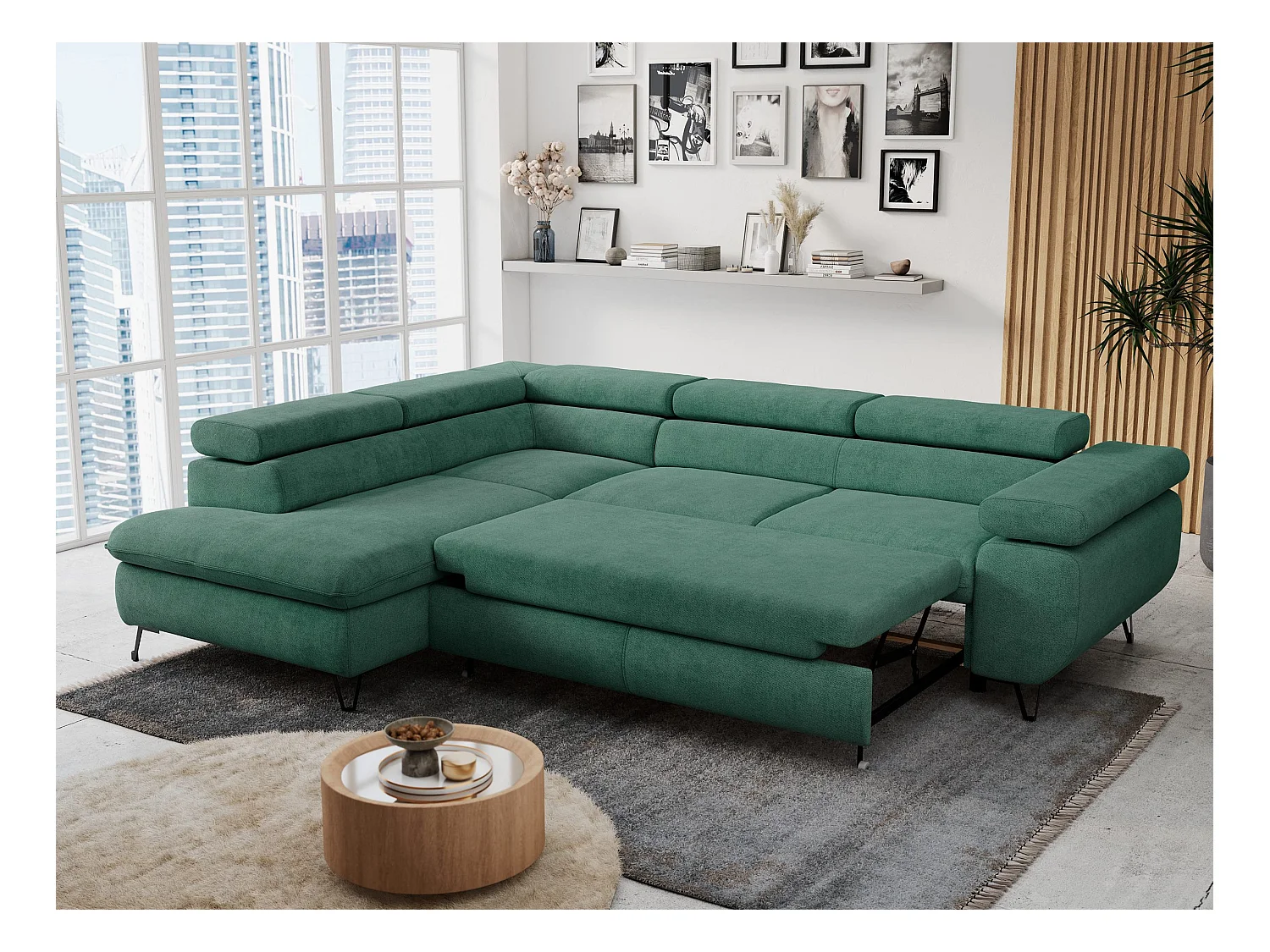 Ecksofa PETER verstellbare Kopfstütze, schlaffunktion - Grün Stukture - Ecke Links