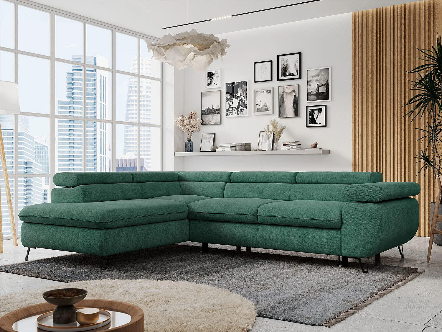 Ecksofa PETER verstellbare Kopfstütze, schlaffunktion - Grün Stukture - Ecke Links