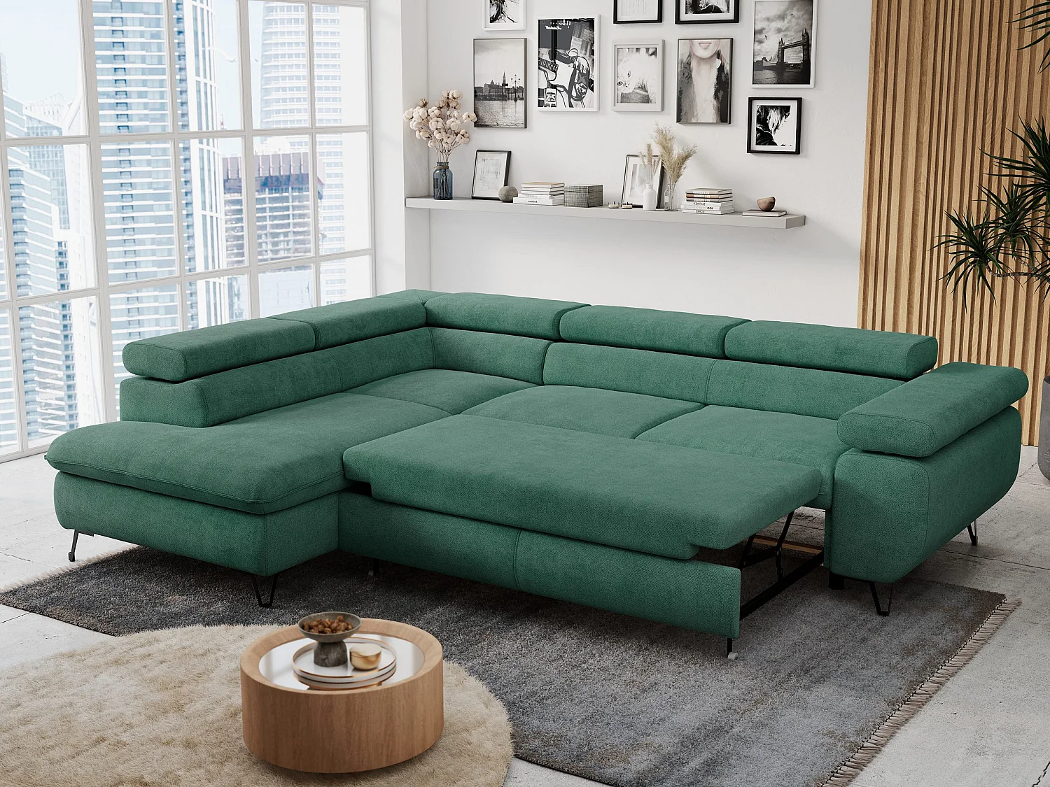 Ecksofa PETER verstellbare Kopfstütze, schlaffunktion - Grün Stukture - Ecke Links