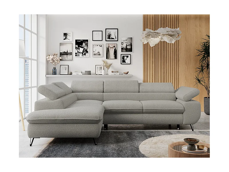 Ecksofa PETER verstellbare Kopfstütze, schlaffunktion - Hellgrau Boucle - Ecke Links