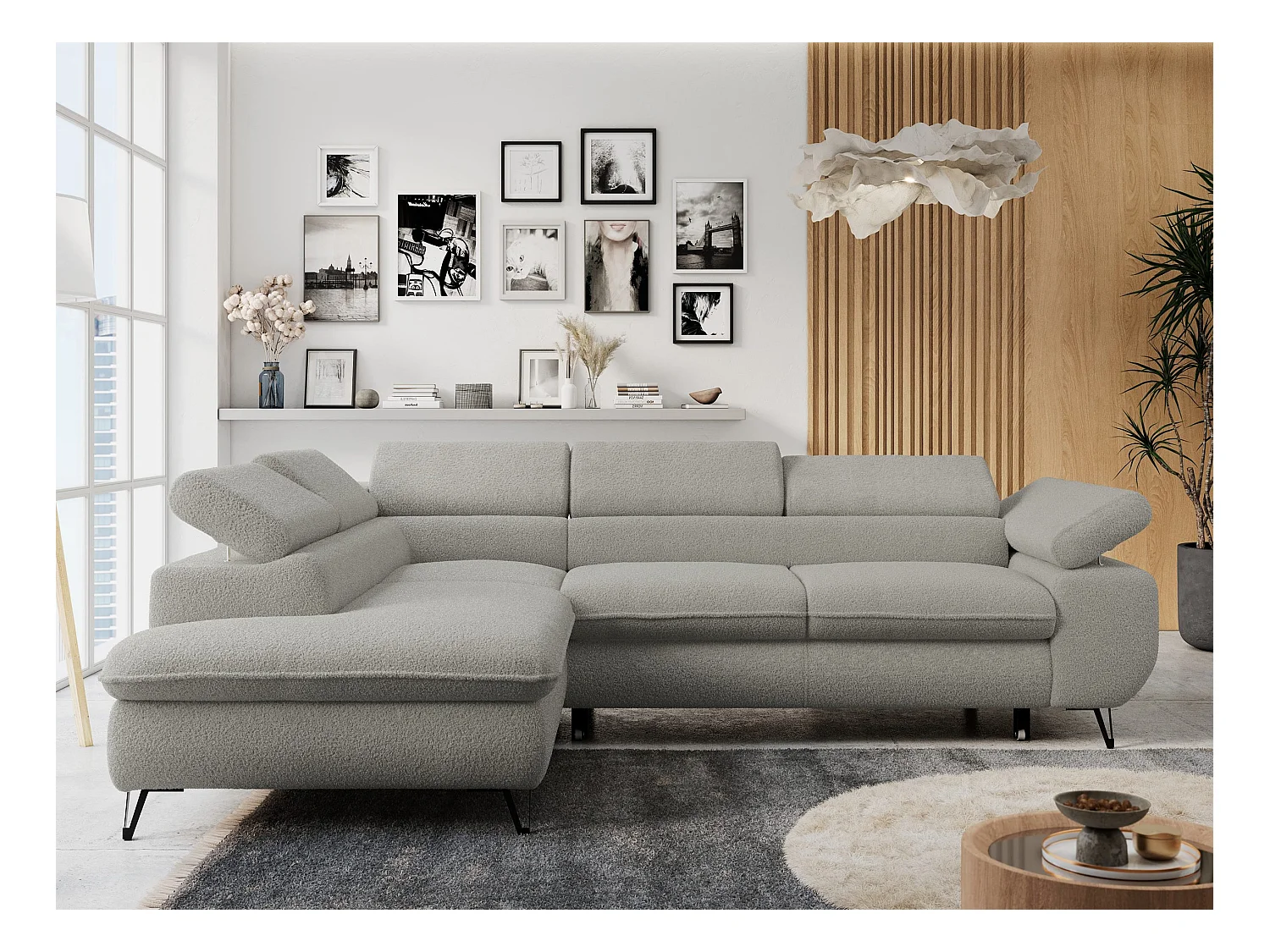 Ecksofa PETER verstellbare Kopfstütze, schlaffunktion - Hellgrau Boucle - Ecke Links