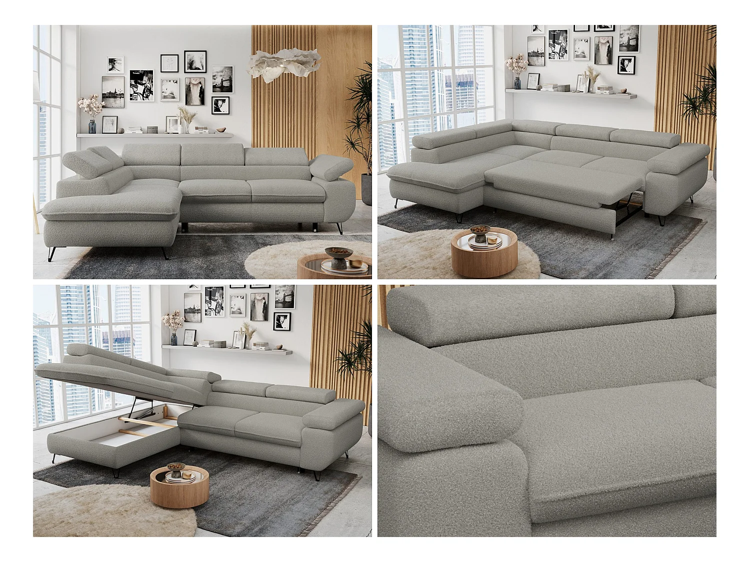 Ecksofa PETER verstellbare Kopfstütze, schlaffunktion - Hellgrau Boucle - Ecke Links