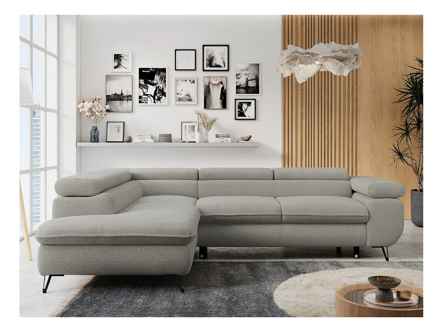 Ecksofa PETER verstellbare Kopfstütze, schlaffunktion - Hellgrau Boucle - Ecke Links