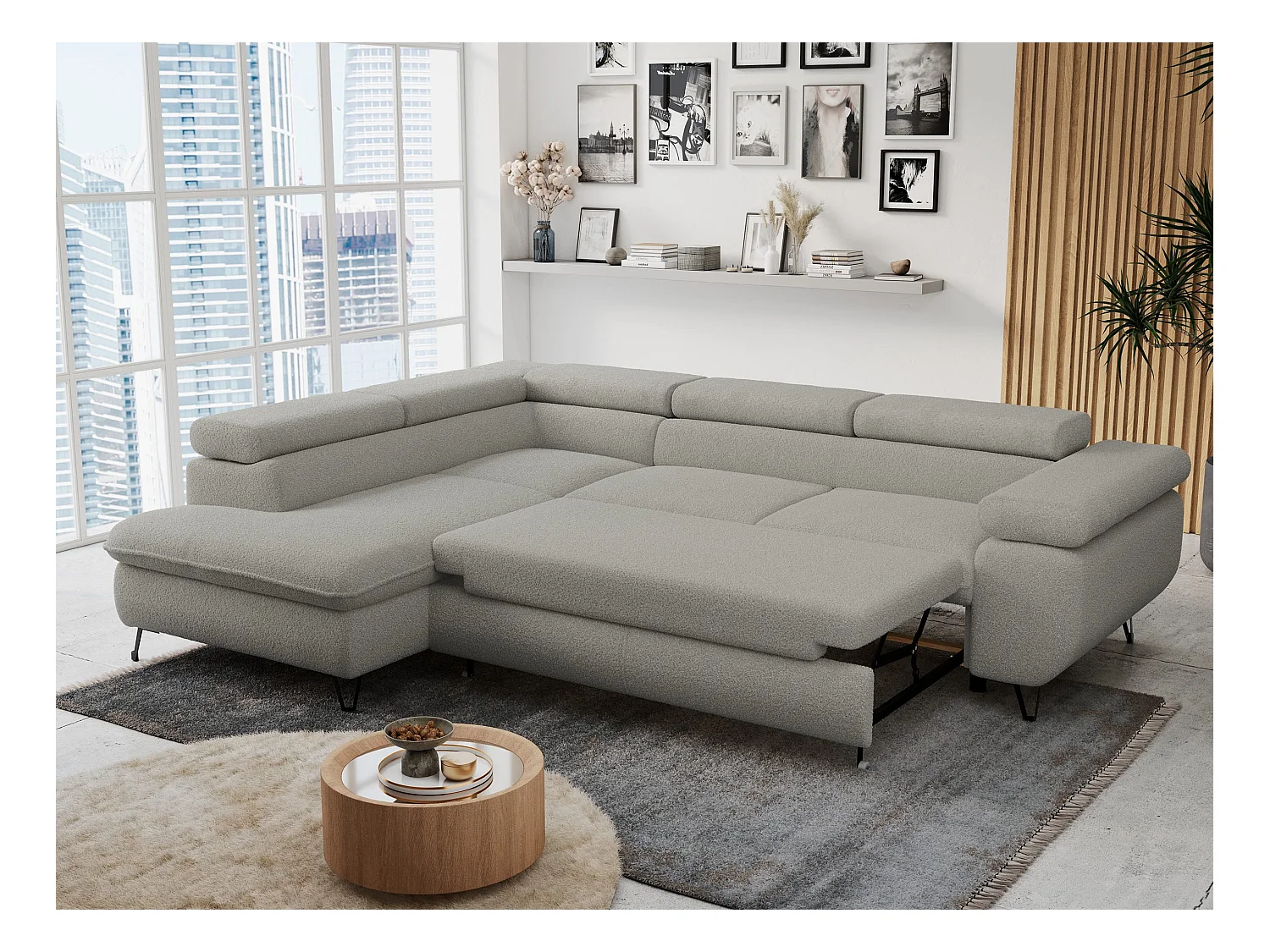 Ecksofa PETER verstellbare Kopfstütze, schlaffunktion - Hellgrau Boucle - Ecke Links