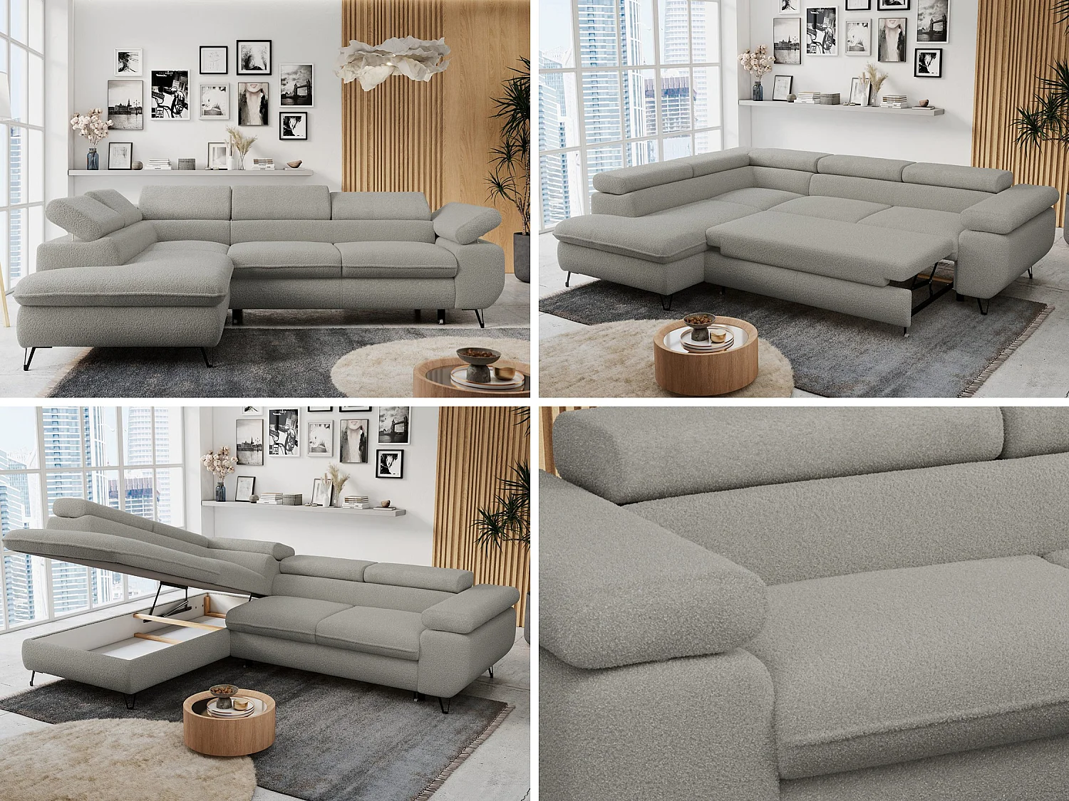 Ecksofa PETER verstellbare Kopfstütze, schlaffunktion - Hellgrau Boucle - Ecke Links