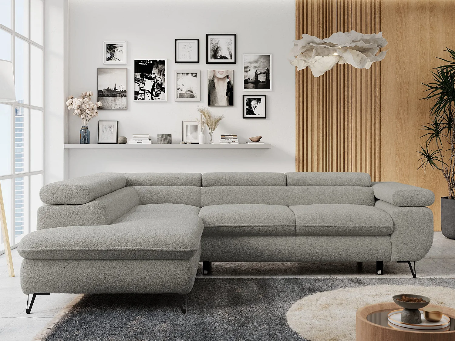 Ecksofa PETER verstellbare Kopfstütze, schlaffunktion - Hellgrau Boucle - Ecke Links