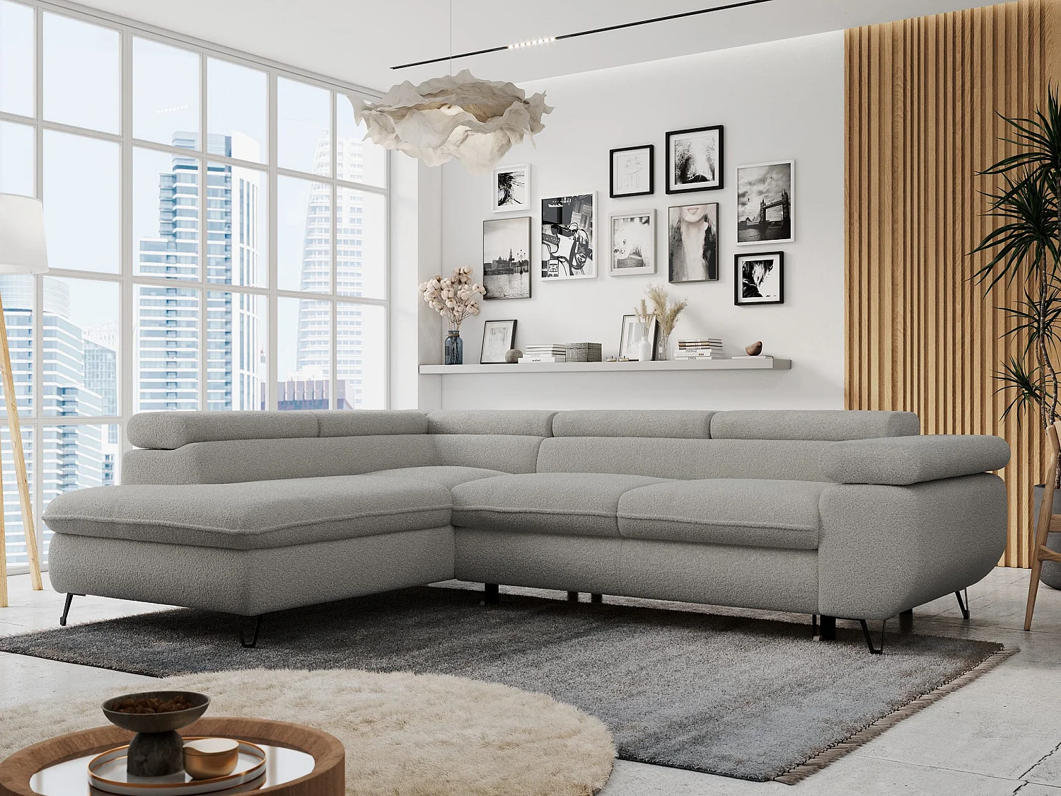 Ecksofa PETER verstellbare Kopfstütze, schlaffunktion - Hellgrau Boucle - Ecke Links