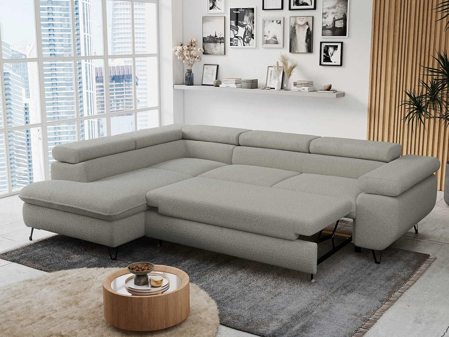 Ecksofa PETER verstellbare Kopfstütze, schlaffunktion - Hellgrau Boucle - Ecke Links