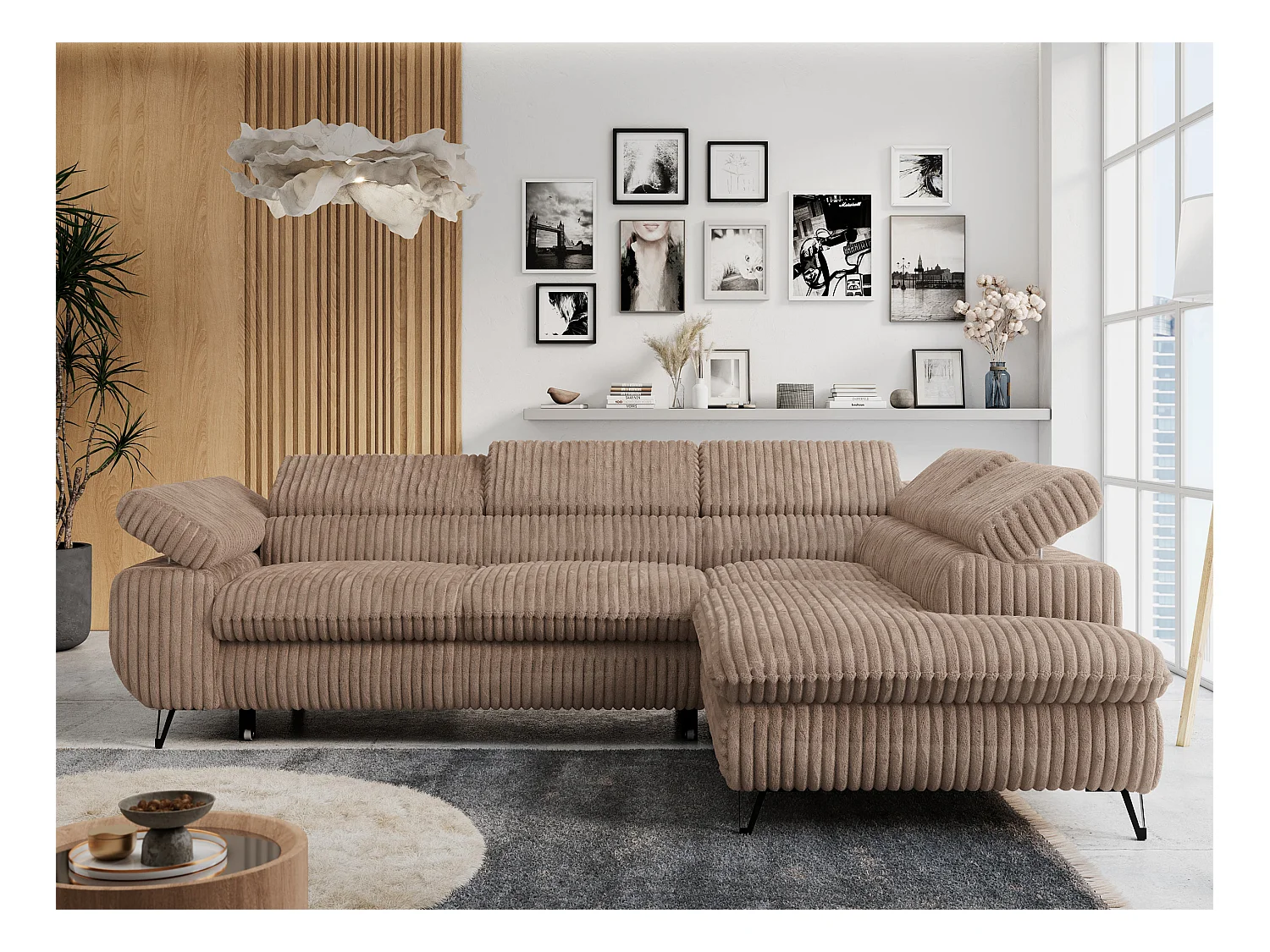 Ecksofa PETER verstellbare Kopfstütze, schlaffunktion - Braun Cord - Ecke Rechts