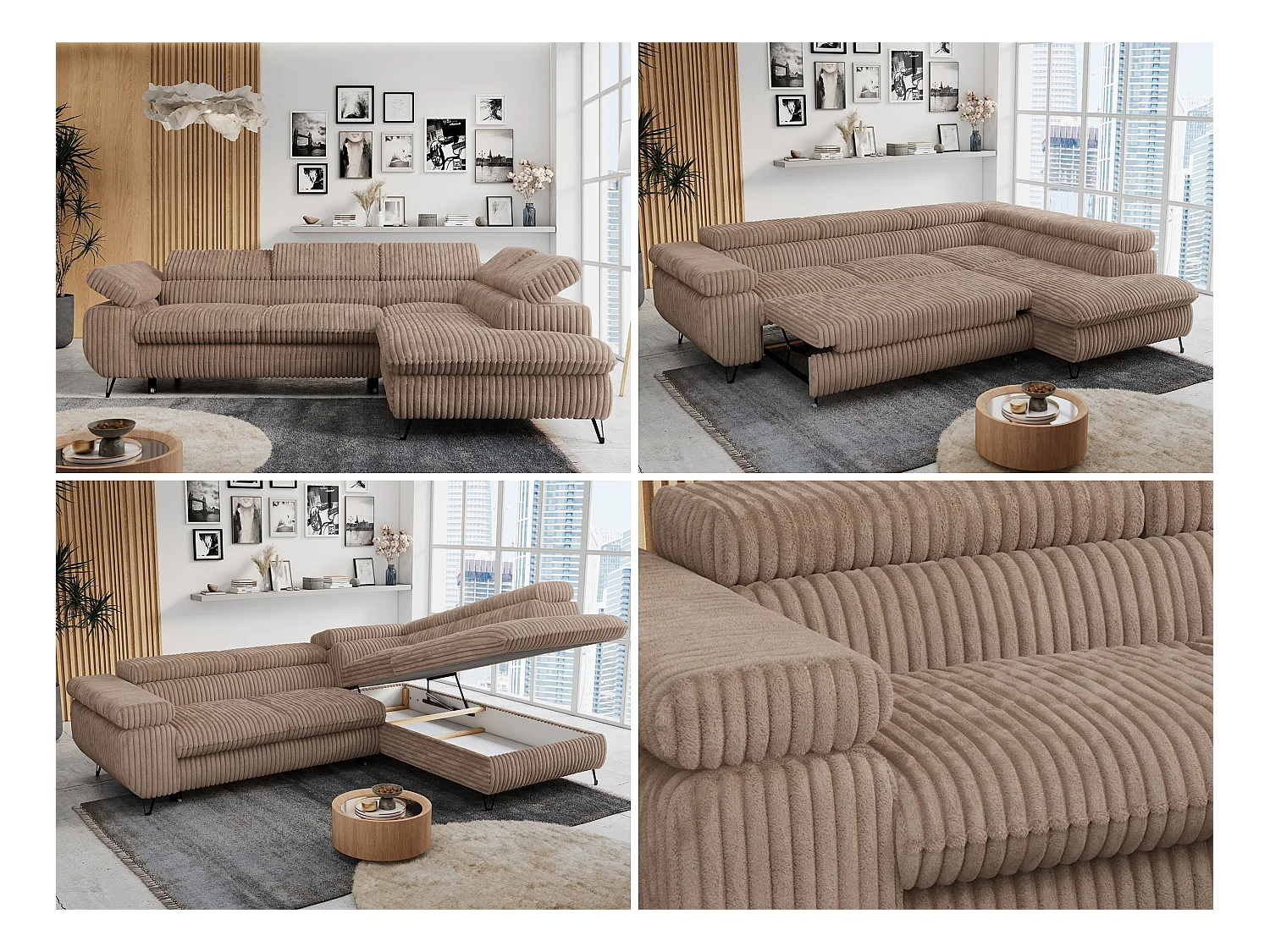 Ecksofa PETER verstellbare Kopfstütze, schlaffunktion - Braun Cord - Ecke Rechts