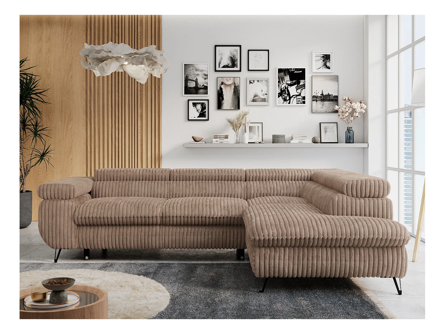 Ecksofa PETER verstellbare Kopfstütze, schlaffunktion - Braun Cord - Ecke Rechts