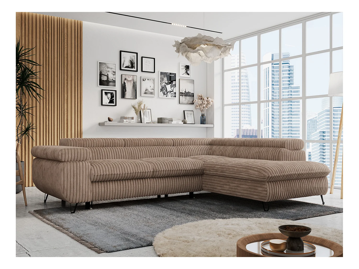 Ecksofa PETER verstellbare Kopfstütze, schlaffunktion - Braun Cord - Ecke Rechts