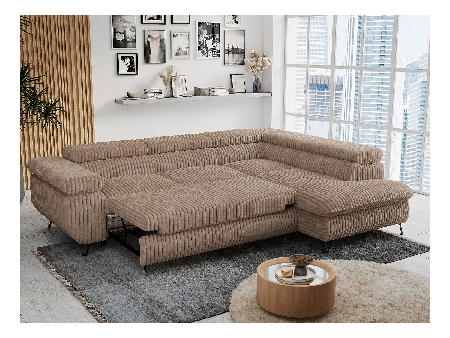 Ecksofa PETER verstellbare Kopfstütze, schlaffunktion - Braun Cord - Ecke Rechts