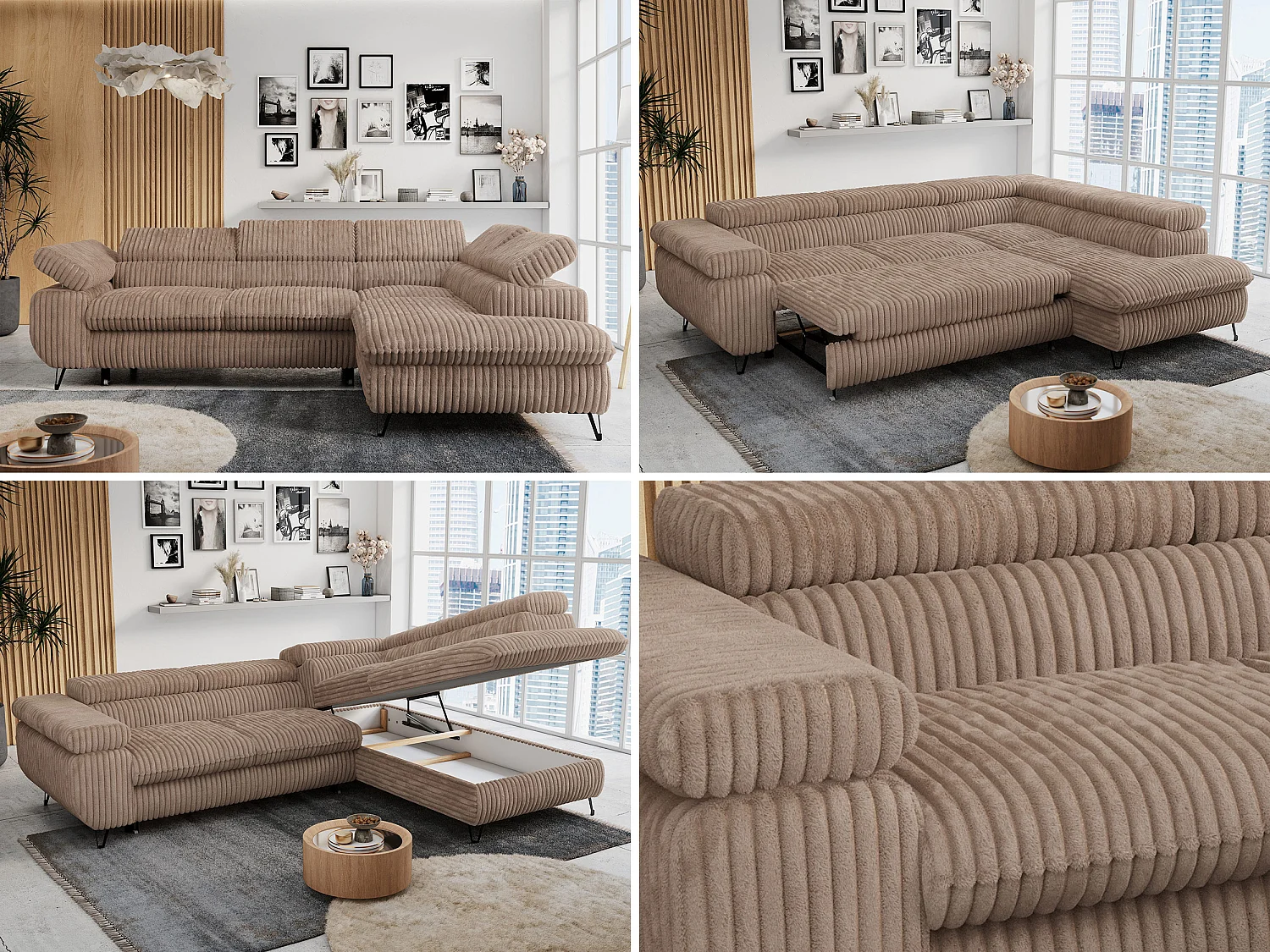 Ecksofa PETER verstellbare Kopfstütze, schlaffunktion - Braun Cord - Ecke Rechts