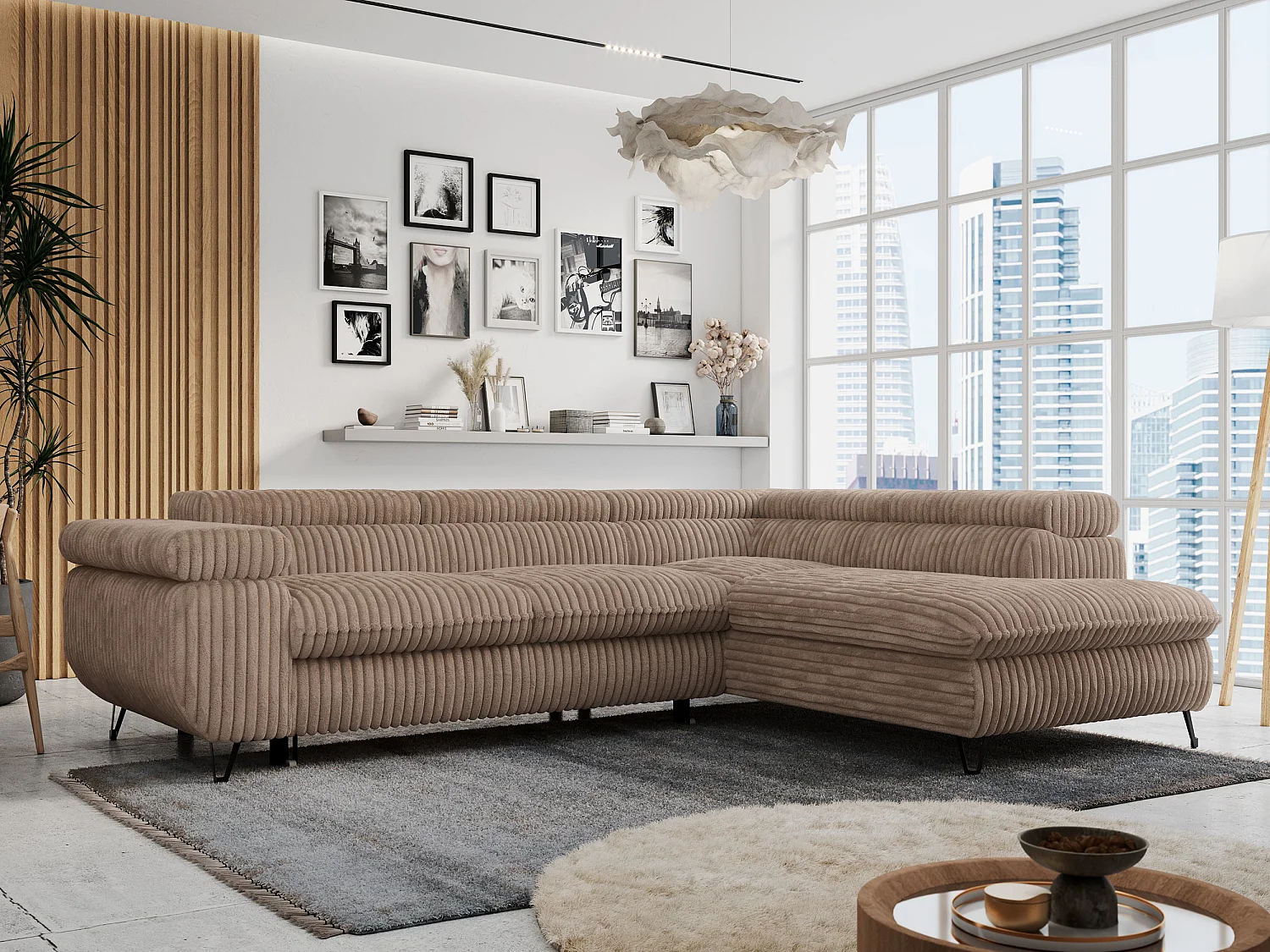 Ecksofa PETER verstellbare Kopfstütze, schlaffunktion - Braun Cord - Ecke Rechts